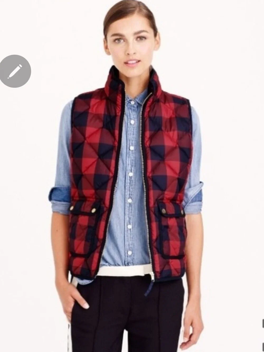 J. Crew Red and Black Plaid Quilted Puffer Vest Large